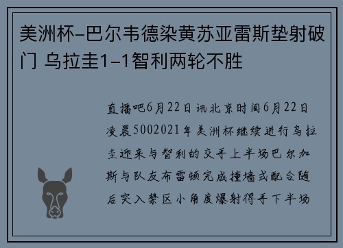 美洲杯-巴尔韦德染黄苏亚雷斯垫射破门 乌拉圭1-1智利两轮不胜