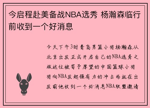 今启程赴美备战NBA选秀 杨瀚森临行前收到一个好消息